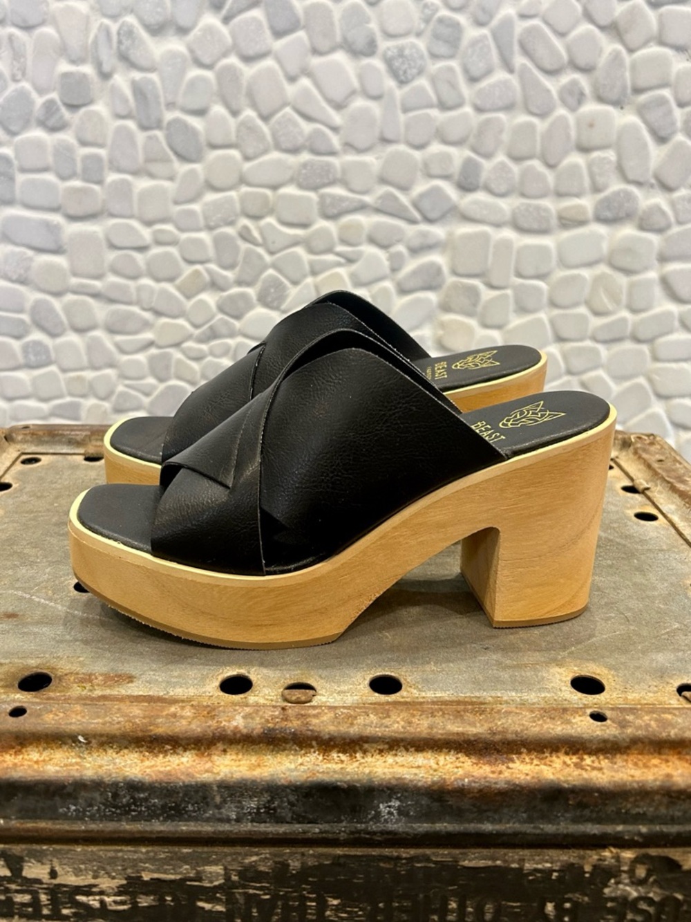 BEAST Black Crossover Leather Platform Mules with Wood Heels
